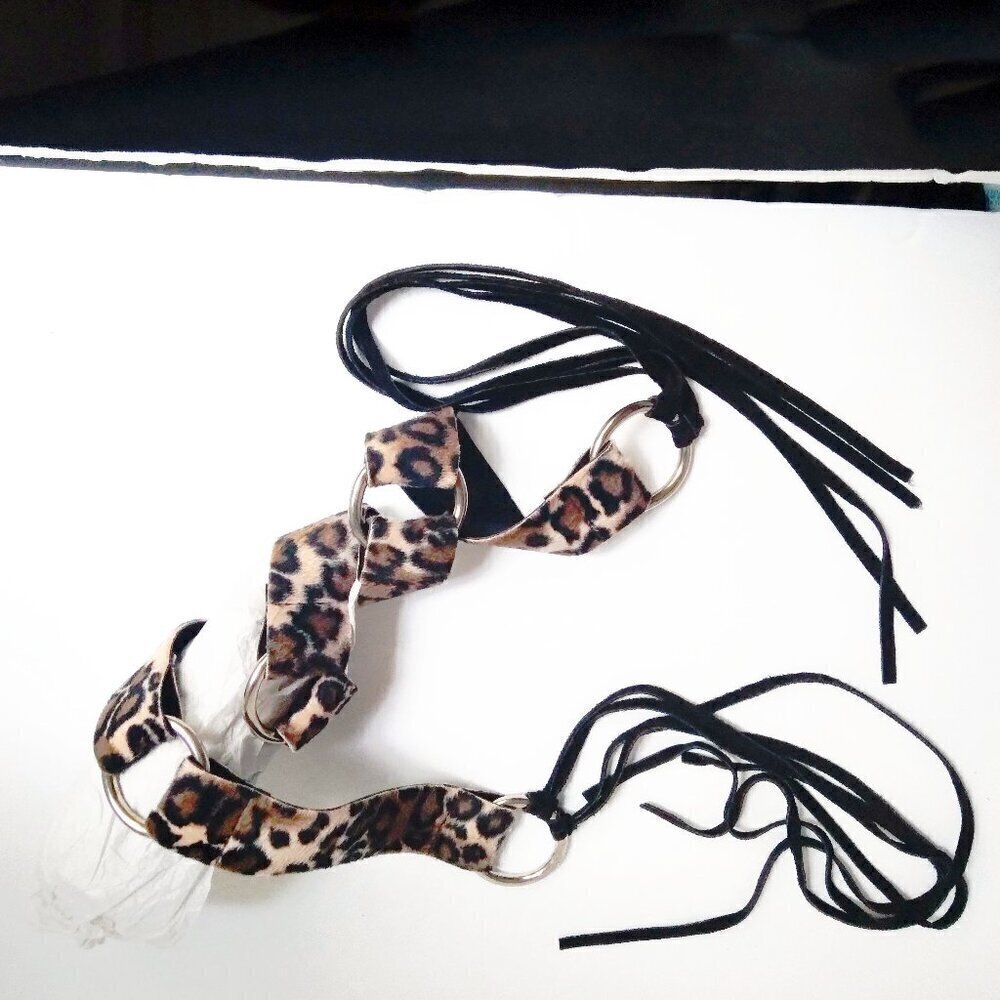 Silver Rings.Faux Leopard & Black Suede Fringe Tie Belt
